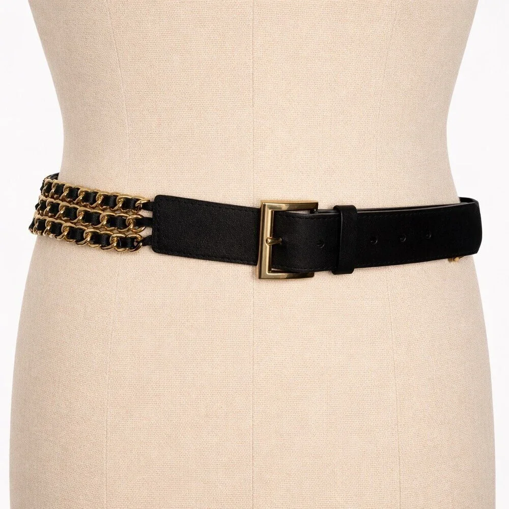 Vintage Black Leather Triple Gold Chain statement belt Multi-Strand Large